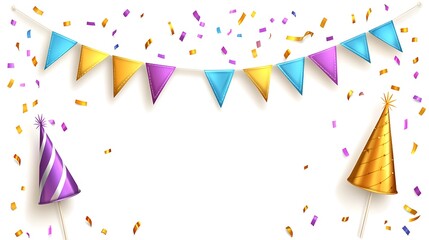 Festive Party Banner with Colorful Flags and Confetti