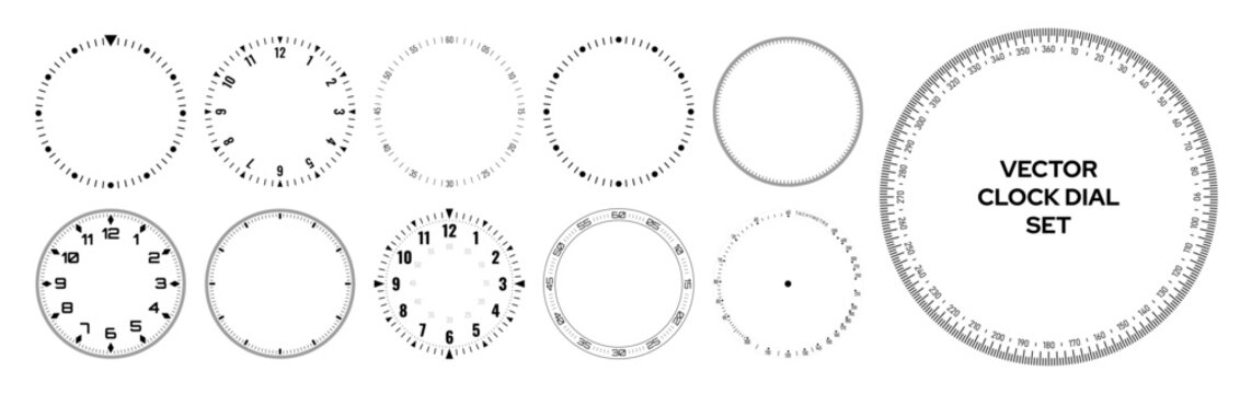 Mechanical Clock Style Smartwatch Faces Bezel Designs. Digital Watch HUD Dial with Minute, Hour, Second Marks. Timer or Stopwatch. Blank Measuring Circle Scale Vector Illustration.