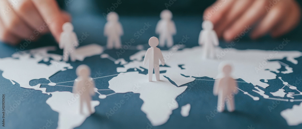 Poster creative hands connecting figures on world map, symbolizing global collaboration and networking. thi