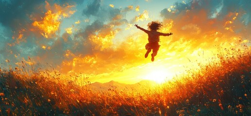 Joyful Man Jumping on Mountain Cliff Celebrating Hiking Success in Nature at Sunset