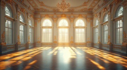 Obraz premium Baroque Styled Interior with Intricate Molding Elegant Ballroom Design Natural Light Wooden Flooring