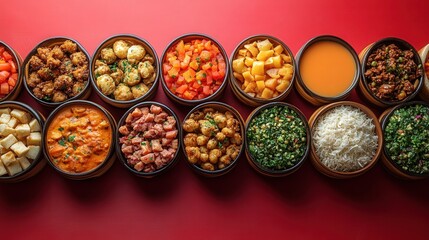 Colorful Array of Delicious Vegetarian Dishes in Round Bowls on Red Background Featuring Fresh Ingredients and Culinary Variety for Food Lovers
