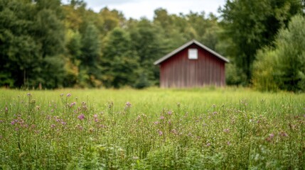 Obraz premium A rustic red barn sits amidst a lush green field, surrounded by trees, creating a serene rural landscape.