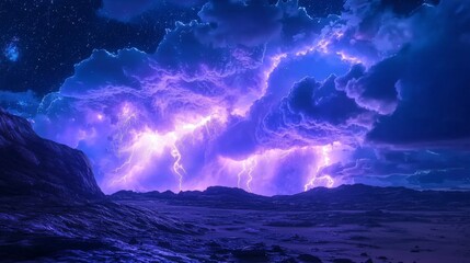 Dramatic Night Landscape with Vibrant Purple Lightning Strikes and Starry Sky over Rocky Terrain