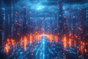 Obraz premium Futuristic Digital Landscape with Cloud Computing Big Data Transfer in Cyberspace