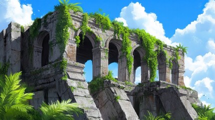 Ancient Ruins Surrounded by Lush Greenery and Blue Sky
