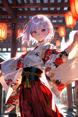 Elegant Anime Style Woman In Traditional Kimonos With Lanterns Outdoors