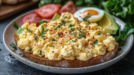 Delicious and Nutritious Scrambled Eggs on Whole Grain Toast with Fresh Avocado, Sliced Tomatoes, and Soft Boiled Egg, Perfect for a Healthy Breakfast