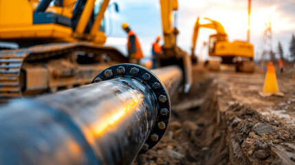 Construction workers laying pipelines at a construction site in the evening light