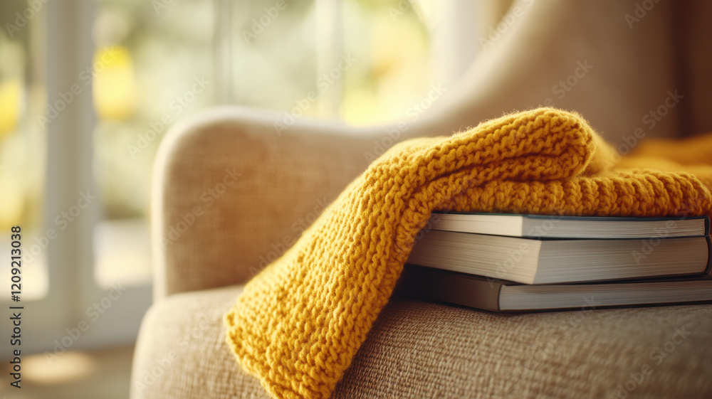 Poster cozy reading nook with warm yellow throw blanket draped over stack of books, creating serene atmosph