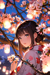 Elegant Anime Style Woman In Traditional Kimonos With Lanterns Outdoors