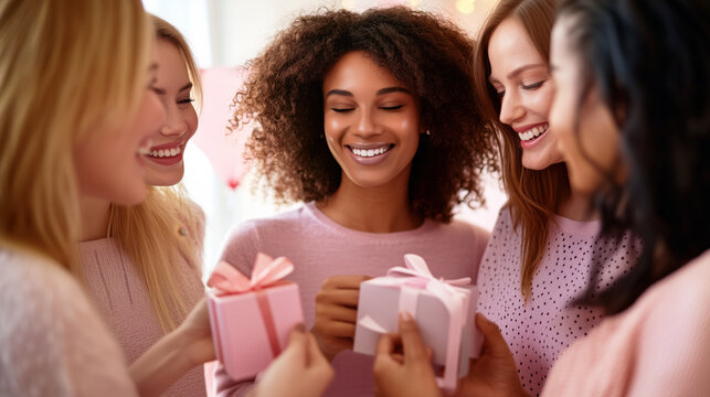 A group of women exchanging thoughtful Galentine Day gifts and cards, showing affection and appreciation for each other.