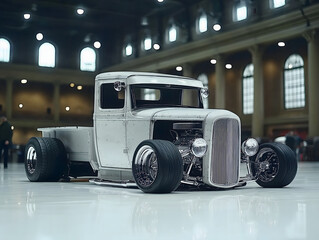 Obraz premium Classic custom truck on display at an automotive exhibition in a spacious indoor venue