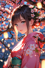 Elegant Anime Style Woman In Traditional Kimonos With Lanterns Outdoors