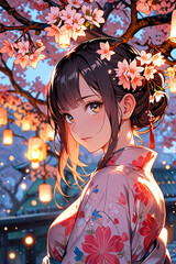 Elegant Anime Style Woman In Traditional Kimonos With Lanterns Outdoors