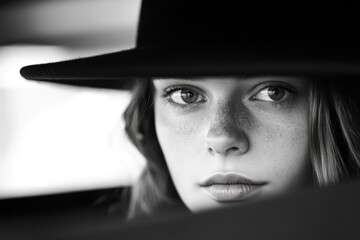 Young woman with a hat gazes through a car window on a sunny day in black and white