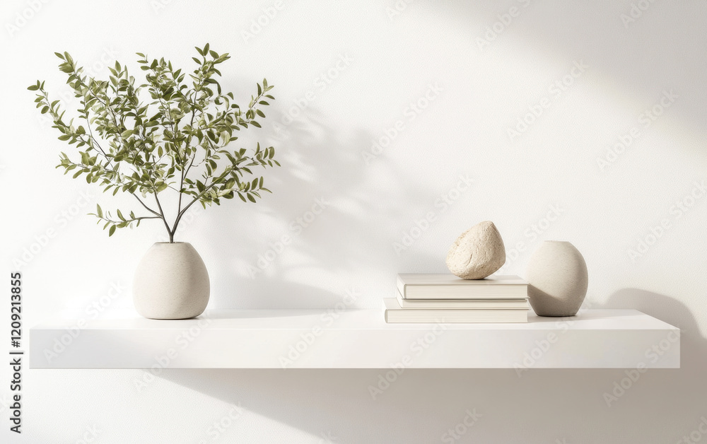 Poster sleek white shelf displays decorative vases with greenery and stacked books, creating minimalist and