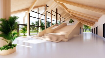 Fototapeta premium Modern spacious interior with wooden staircase and large windows