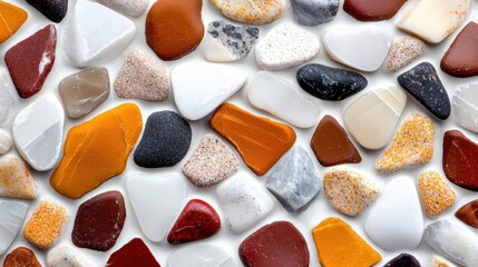A diverse collection of rocks and stones in various colors and shapes, arranged in a visually appealing pattern.