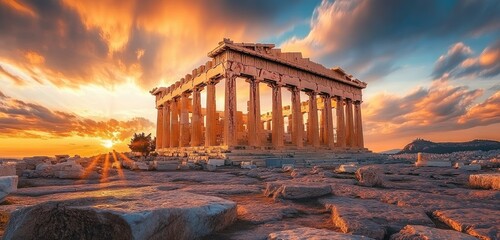 Obraz premium Photograph of the Parthenon in Athens, Greece at sunset with a dramatic sky.