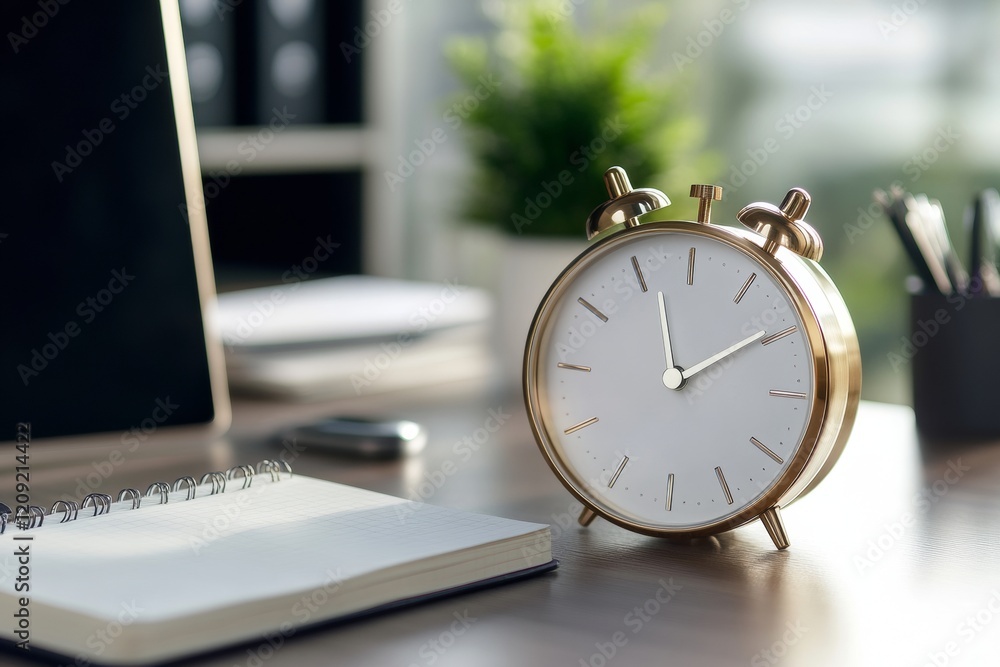 Poster in a tranquil workspace, an elegant clock sits prominently alongside a journal filled with notes. su
