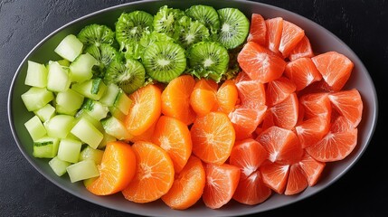 Fresh and Colorful Fruit Platter with Melon, Kiwi, Orange, and Lettuce Arranged Artistically on a Gray Plate, Perfect for Healthy Eating and Culinary Inspiration