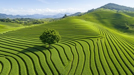 Lush green terraced fields under a clear blue sky.