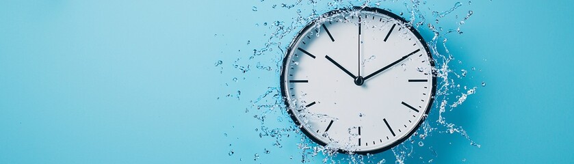 A clock appears to be splashing into water against a light blue background, symbolizing the concept of time and fluidity.