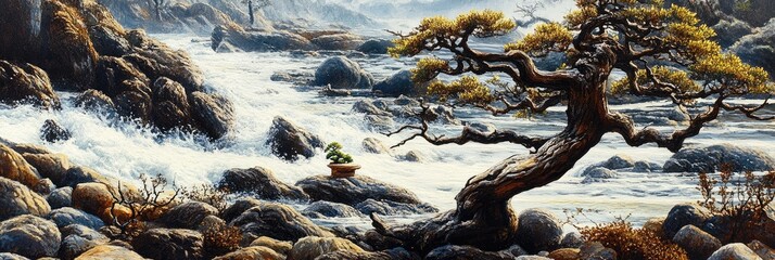 Bonsai by rushing river, rocky landscape, serene nature scene, peaceful wallpaper
