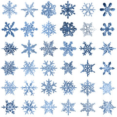 set of snowflakes on a white background, real photos natural crystals macro photo isolated on white