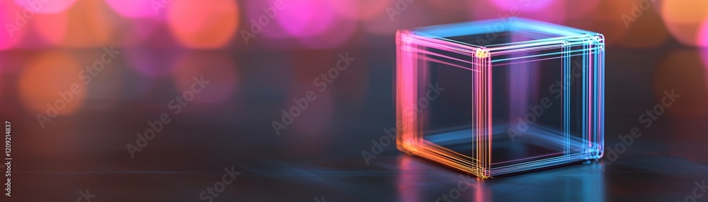 Poster a glowing, transparent cube on a reflective surface with a vibrant bokeh background, creating a futu