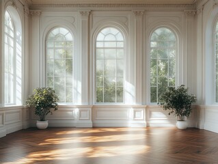 Minimalist Scandinavian Interior with White Walls Natural Light and Elegant Moldings