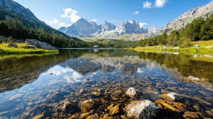 Mountain lake reflection, pristine alpine scenery, summer day, calm water, travel postcard