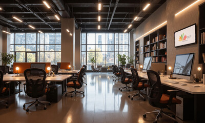 Creative marketing office with modular desks, ergonomic chairs, and soft LED accent lights. Task lighting focuses on individual workstations, while overhead lighting adds
