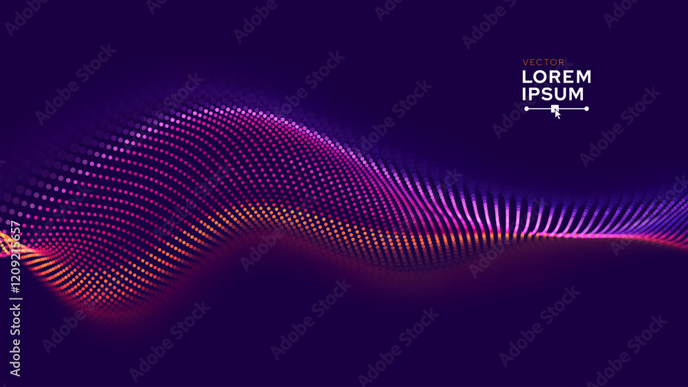 Poster Abstract Digital EQ Equalizer Music 3D Particles Bokeh Visualization. Sound Wave Design Element. Modern Dynamic Particles Colored Background Design for Music, Sport, Science Events Banners. Vector.