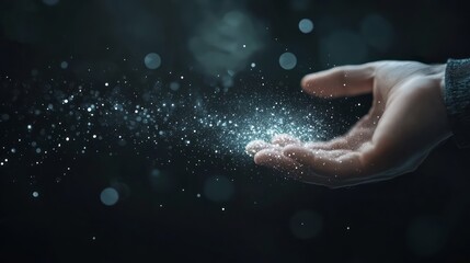 Hand of a person holding glowing particles, with white and silver glitter dust floating in the air against a dark background. Concept of digital technology with copy space.
