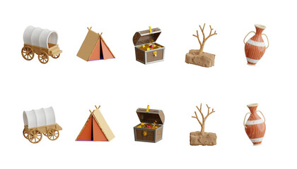 Covered wagon, Tent, Treasure chest, Dead tree, and Vase. 3D Icon High Quality Render