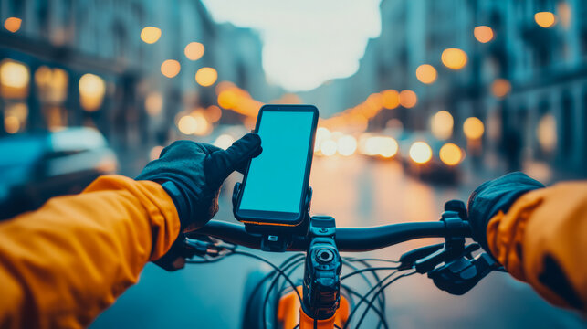 Night Cityscape Bike Ride with Smartphone Navigation App: First-Person View