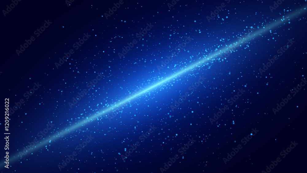 Poster laser light line. horizontal neon light. neon blue horizontal speed particles. glowing stripes. colo