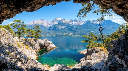 Mountain lake view from cave, sunny day, clear water, idyllic scenery, travel poster
