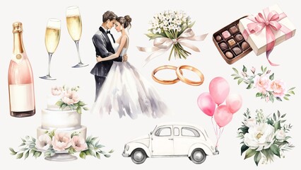 Watercolor wedding elements isolated image set