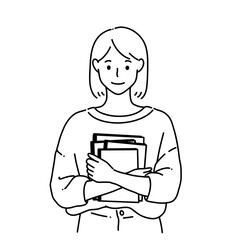 たくさんの本を抱えている女性＿線画
