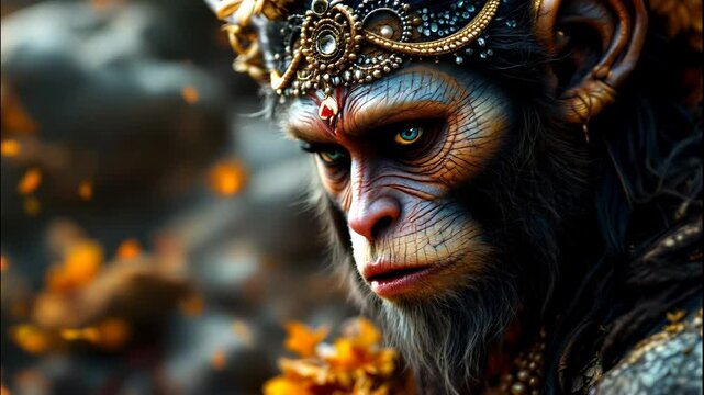 Hanoman Majestic monkey deity adorned with jewels amidst a vibrant backdrop
