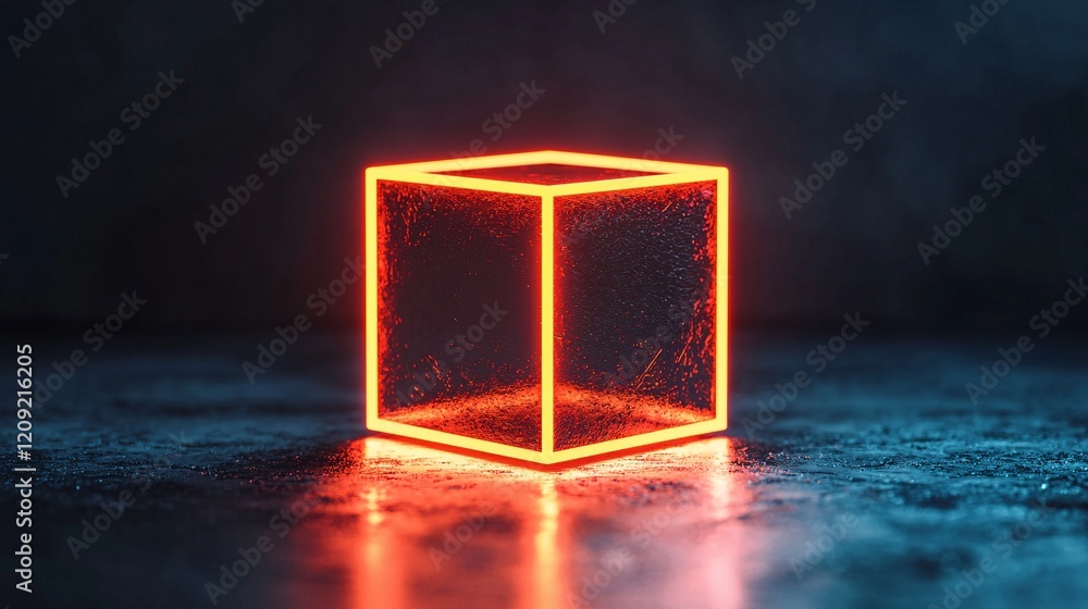 Poster a glowing neon cube sits on a dark surface, illuminated with vibrant orange light, creating a striki