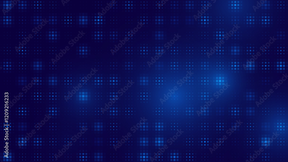 Poster Halftone Pixel Dithering Square Tiles Seamless Pattern. Abstract Tech Pixel Background. Vector Illustration. Pixel Halftone Effect Random Tiles Generative Art.