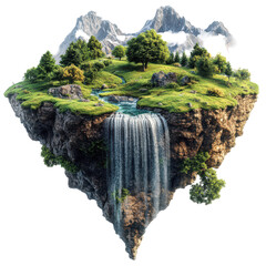 Green island forest tree, mountains, green grass, waterfall. 3d illustration piece of land with beautiful landscape and waterfalls