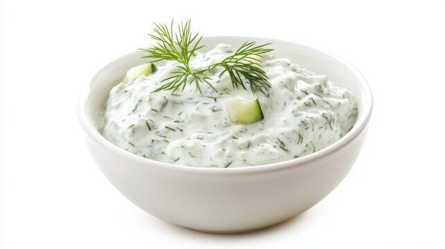 A bowl of tangy tzatziki sauce with grated cucumber, garlic, dill