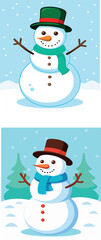 Two cute snowmen wearing hats and scarves enjoying winter snowfall