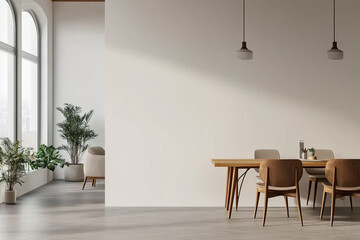Empty White Wall Mockup in Modern Office with Natural Light and Wooden Furniture: 3D Rendering