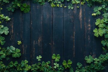 Dark wooden backgroundwith Green Leaf Clover for Good Luck on St. Patrick's Day